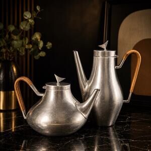 Reed & Barton Pewter MCM Coffee Tea Pot Set Danish Modern Rattan Handle Atomic